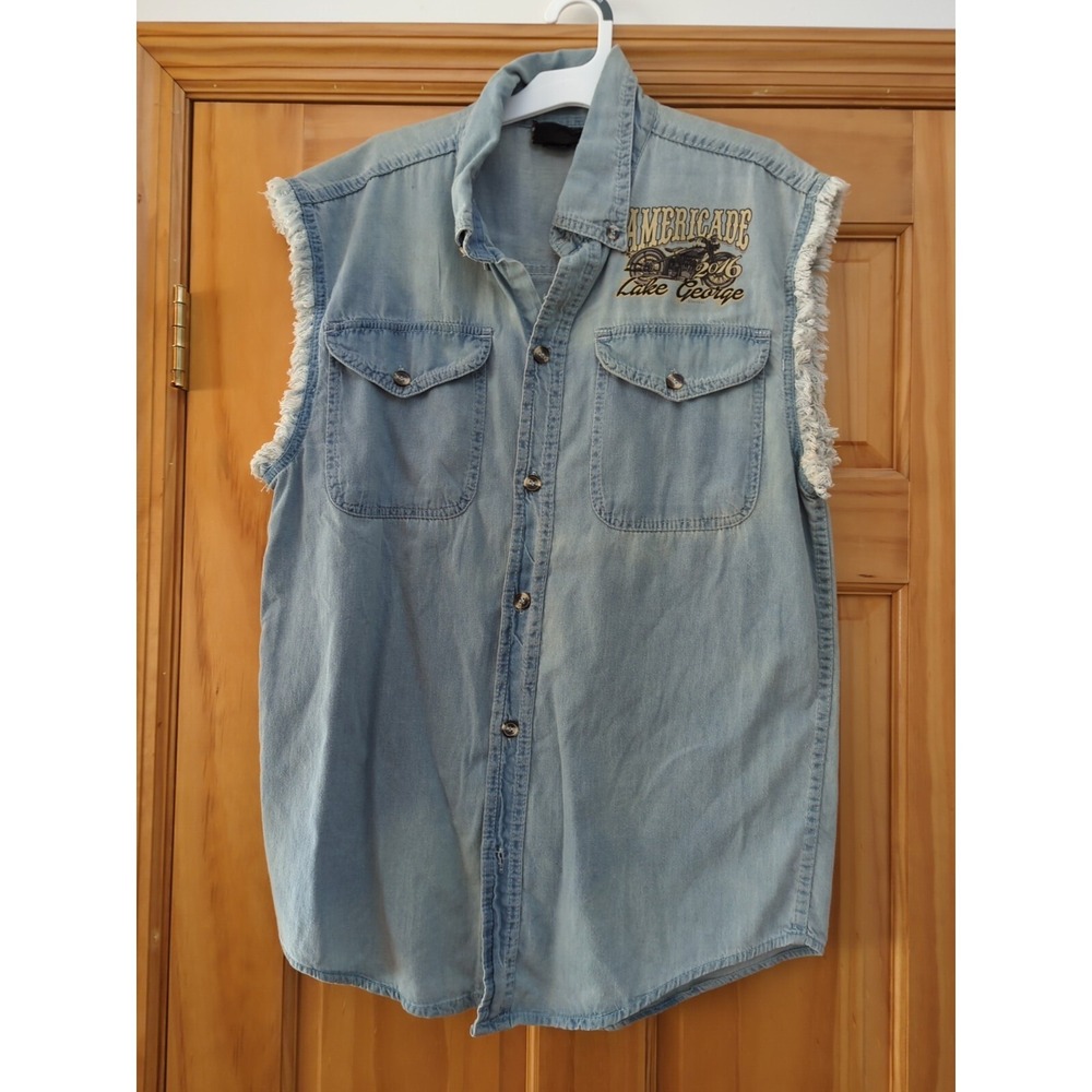 2016 Americade Biker Denim Vest Mens‎ M Blue Sleeveless Lake George Motorcycle